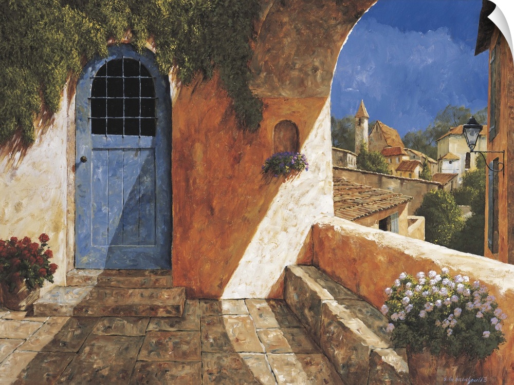 Contemporary artwork of a blue door near an archway in a European village.