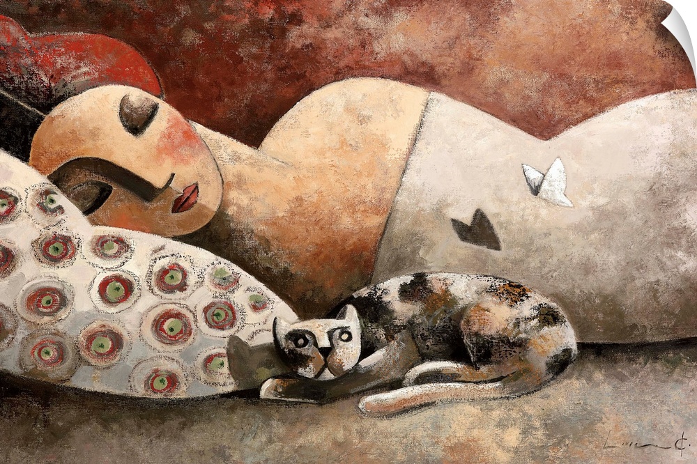 A horizontal portrait of a woman laying in bed with a cat while a butterfly flies above, painted with cubism elements.