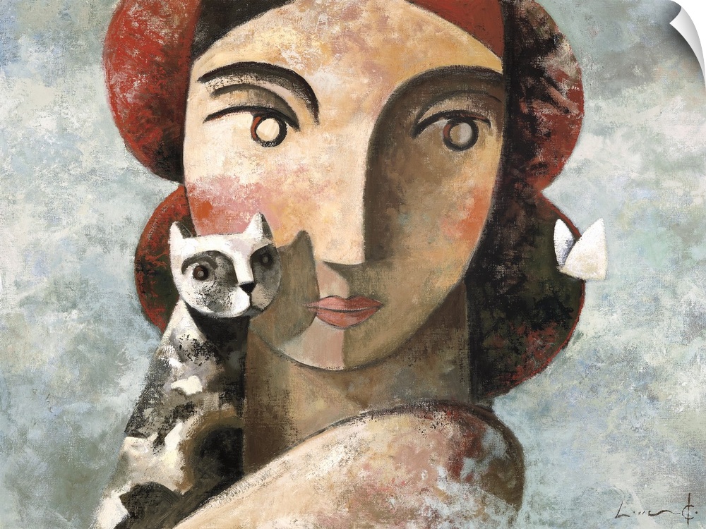 A horizontal portrait of a woman holding a cat while a white butterfly passes by, painted in a cubism style.