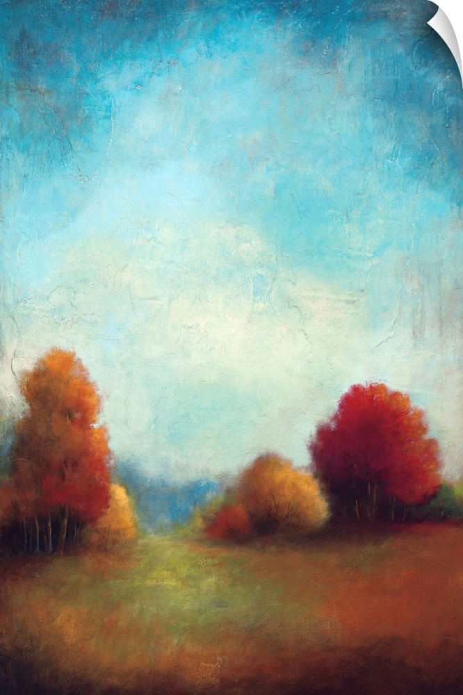 Contemporary painting of a country scene in autumn with warm colored leaves on trees and a clear blue sky.