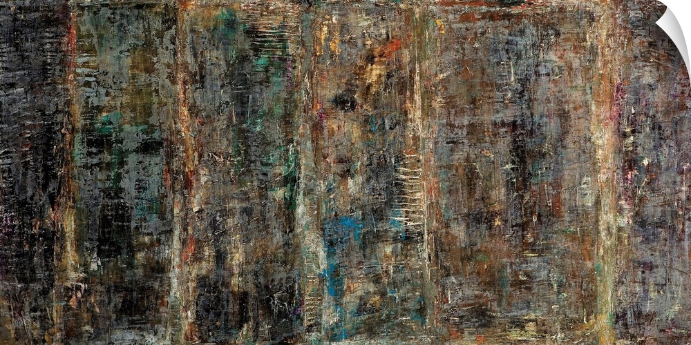 Horizontal abstract in varies colors of textured paint giving the appearance of a row of rectangle shapes.