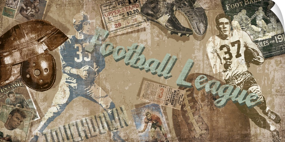 American Football decorative artwork with vintage football items such as helmet, program and ball with the text "Football ...