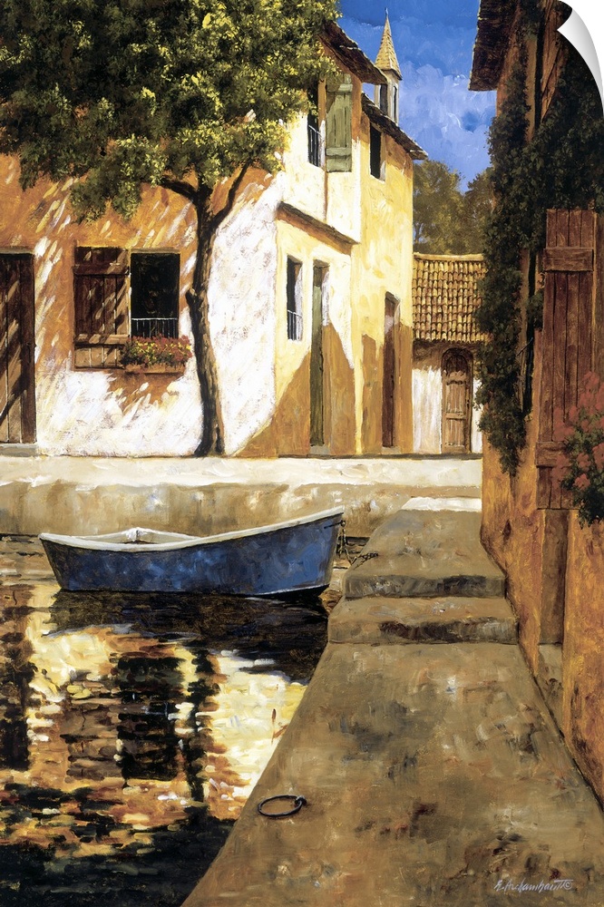 Painting of a boat docked near stairs in a European village.