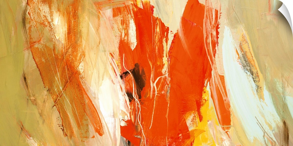 A horizontal abstract painting in vibrant colors of orange, yellow and white.