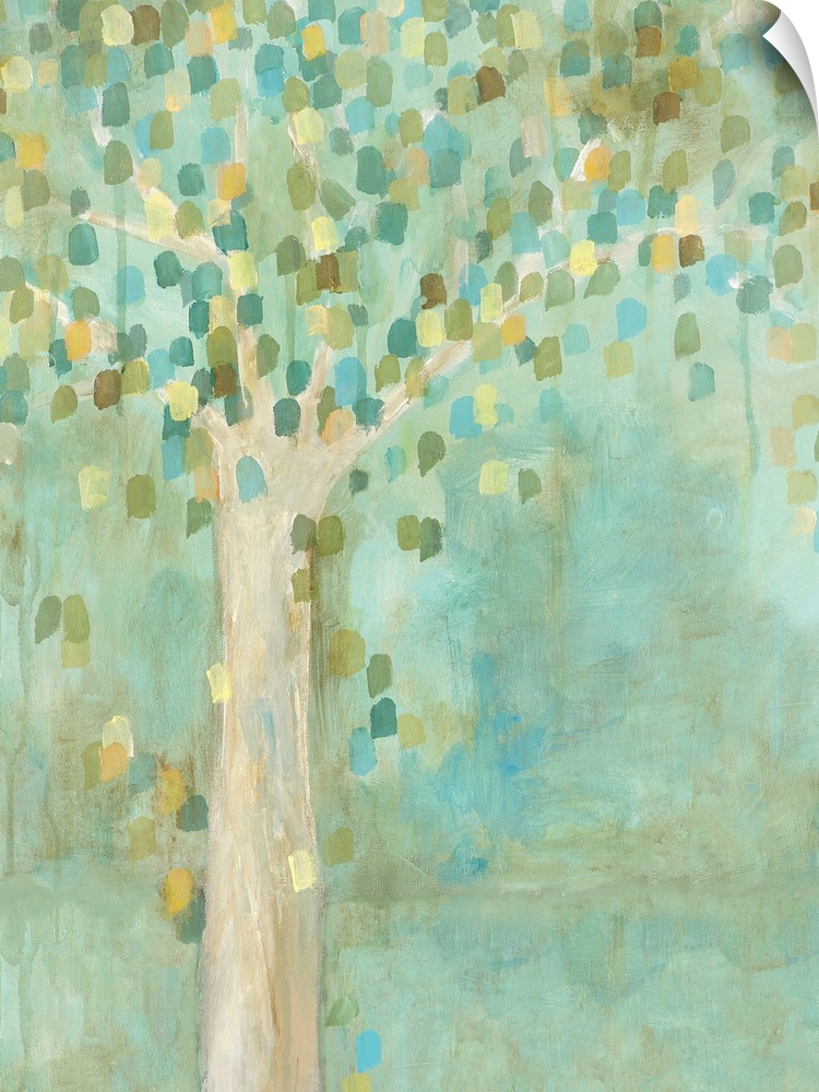 A contemporary painting of a solo tree full of small leaves in different shades of green.