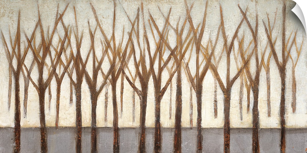 A horizontal painting of a group of bare brown trees against a neutral backdrop.
