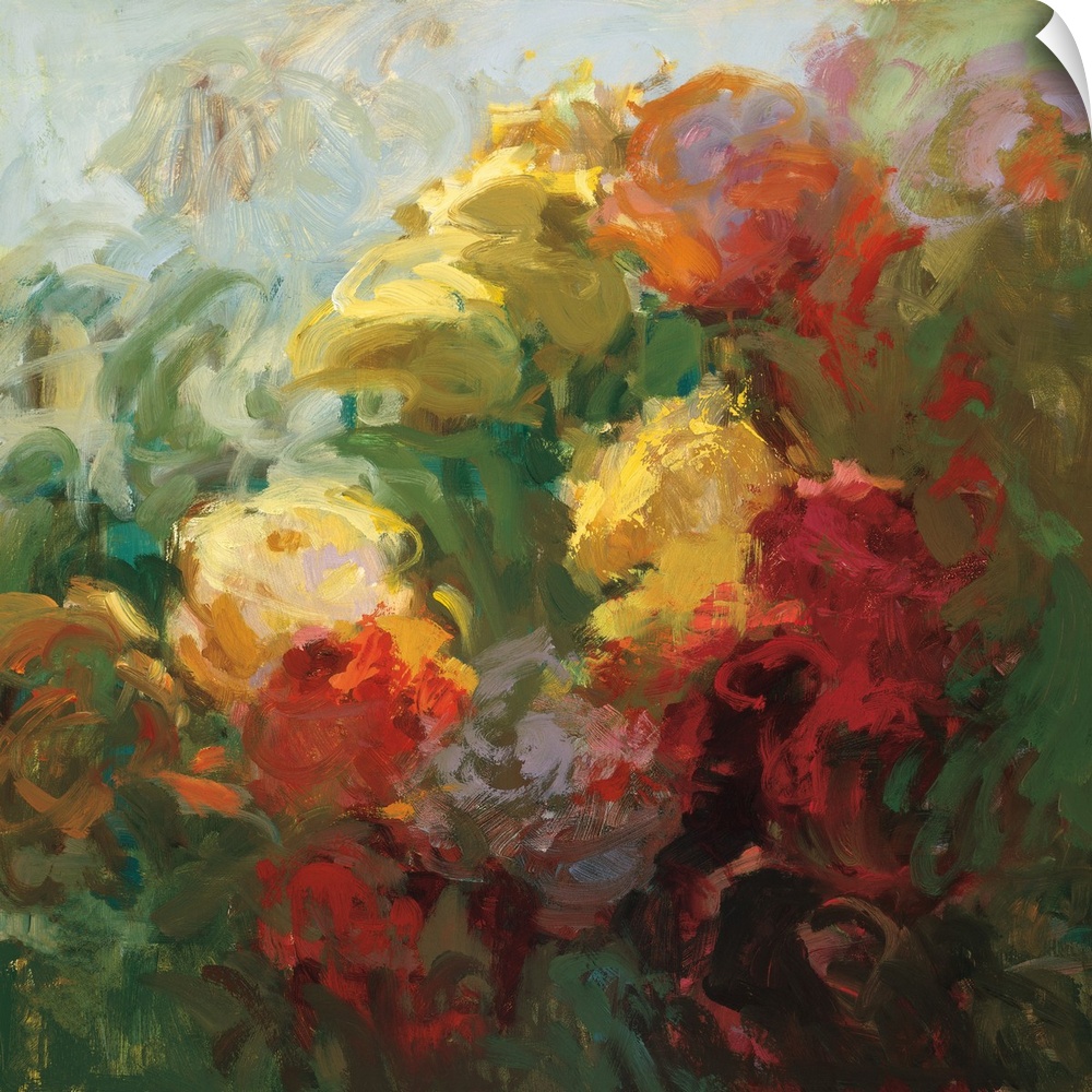 An abstract floral painting in vibrant colors of red, yellow and green.