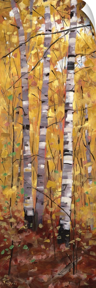 A long vertical painting of trees in the forest in the fall.