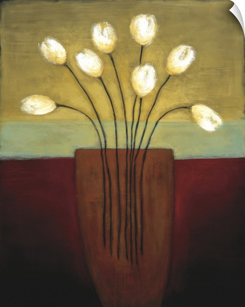 A modern, refined painting of a large vase of white tulips on a burgundy, green and yellow backdrop.