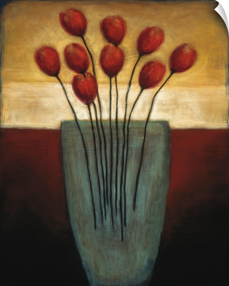 A modern, refined painting of a large vase of red tulips on a burgundy and yellow backdrop.