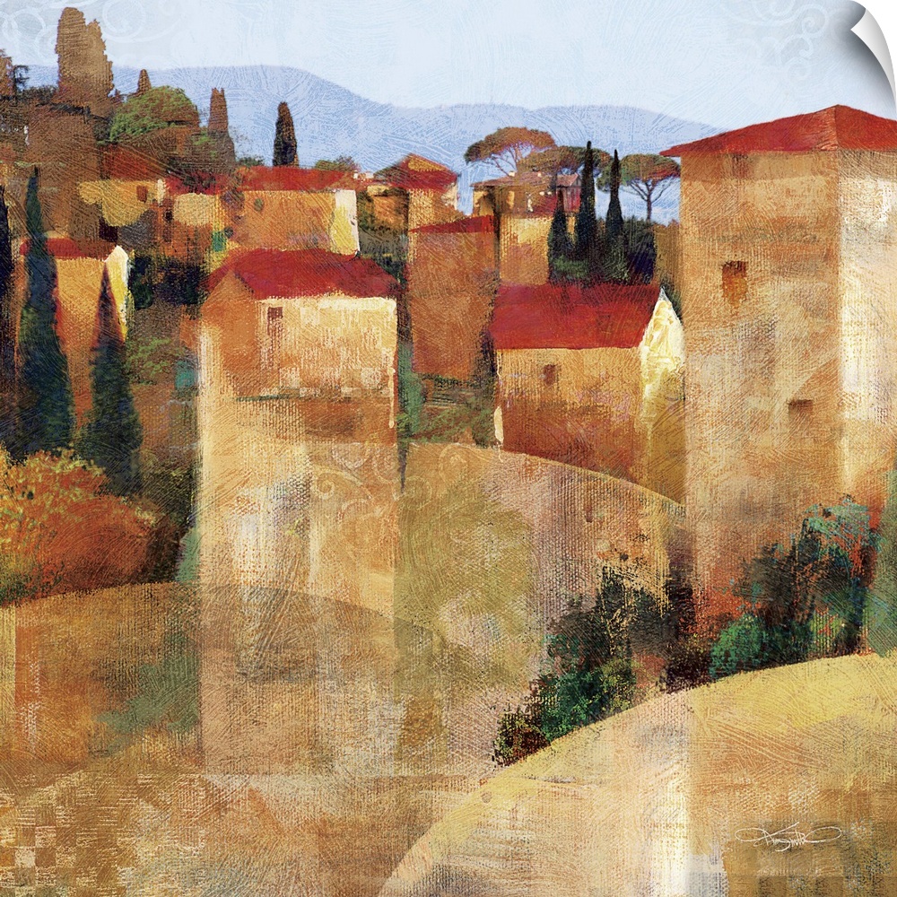 Contemporary artwork of a Tuscan village in the countryside.