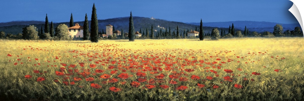 Contemporary artwork of a field of red poppies in Tuscany.