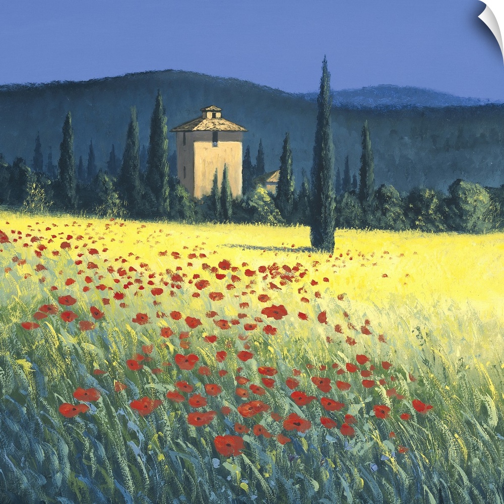 Landscape painting of a Tuscan hillside with tall cypress trees.
