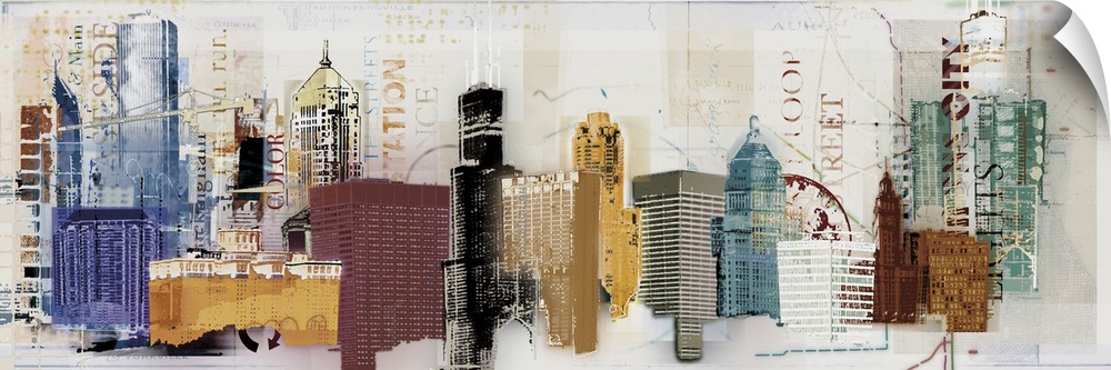 A panoramic painting of multi-colored skyscrapers with words overlapping.