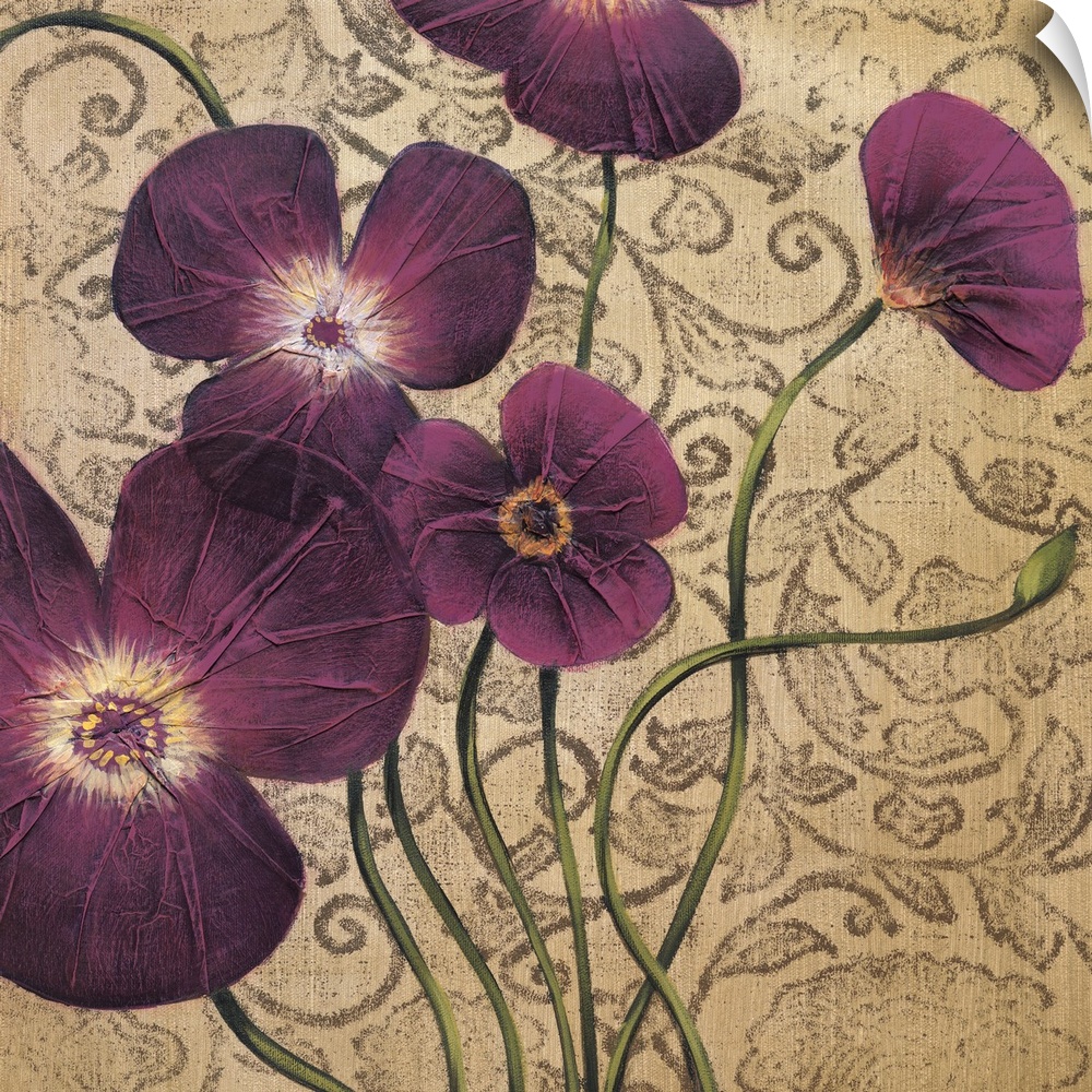 Square painting of a group of purple flowers with textured petals against a neutral backdrop with a floral design.