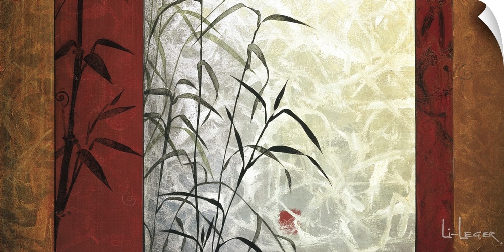 A contemporary painting of bamboo bordered with a paneled design.