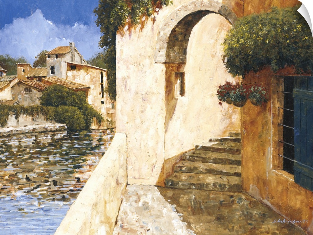 Contemporary painting of an archway in a village near the water.