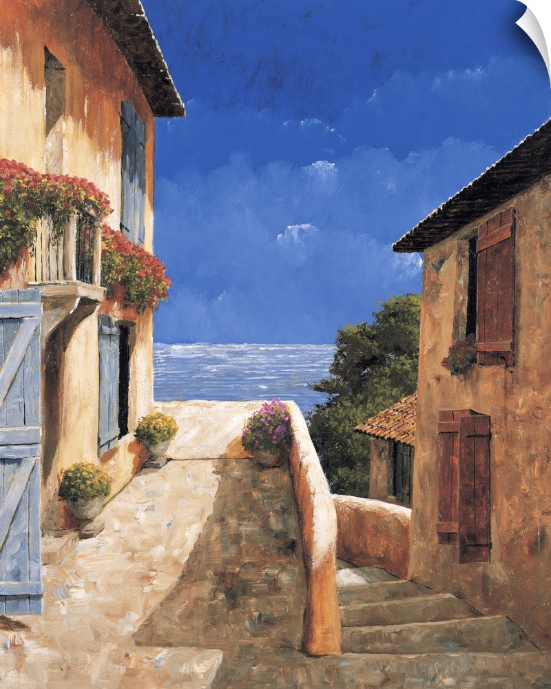 Painting of a rural village with a view of the ocean.