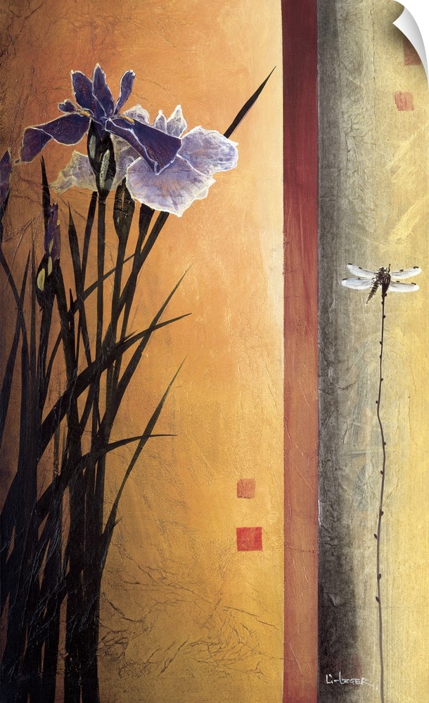 A contemporary painting of purple irises and a border on the right with a dragonfly.