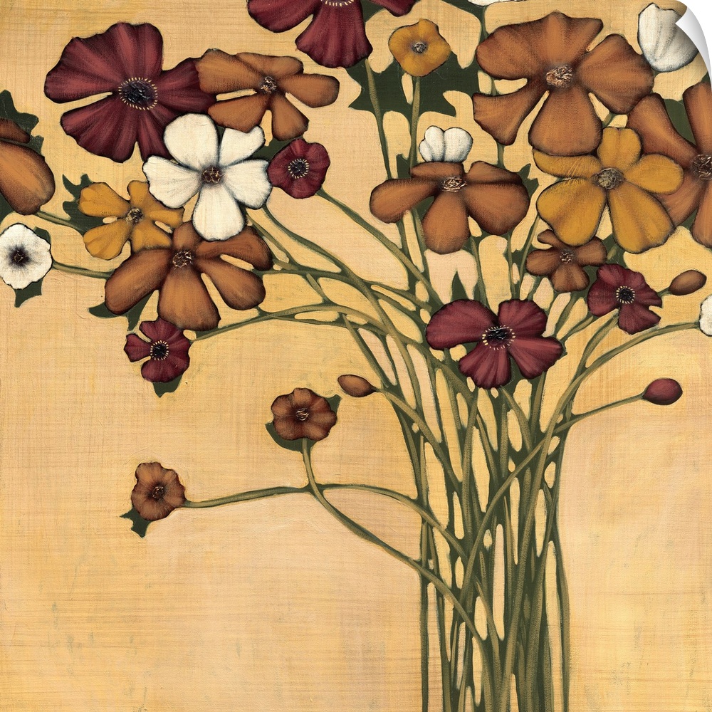 Square painting of a group of flowers in muted earth tones of brown, red, gold and white.