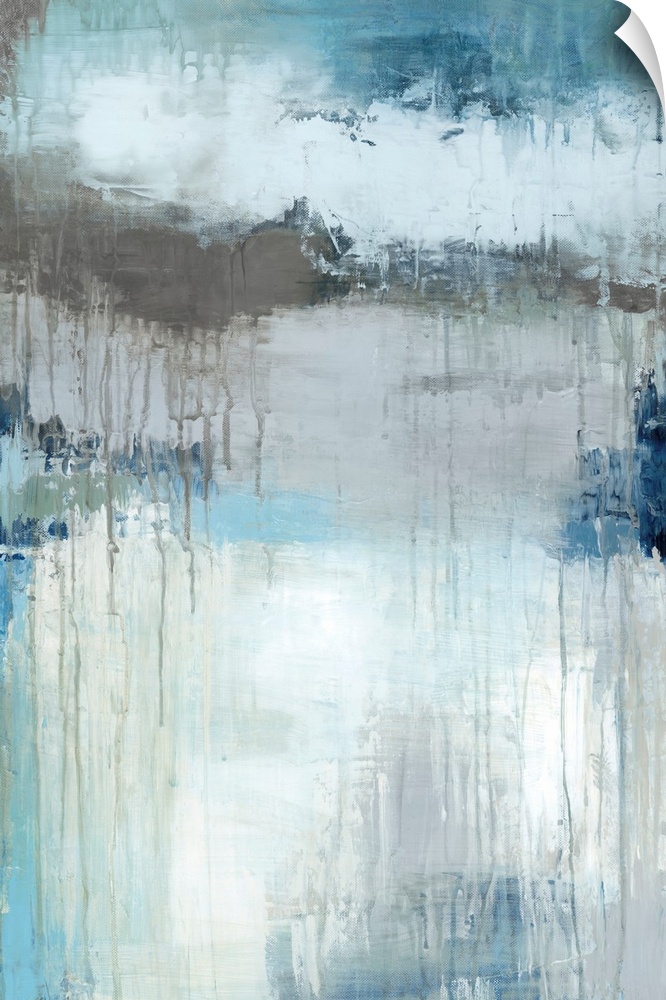 Vertical abstract painting in textured colors of blue, brown, white and gray.