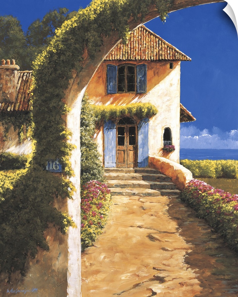 Painting of a house in a rural village with a vine-covered archway.