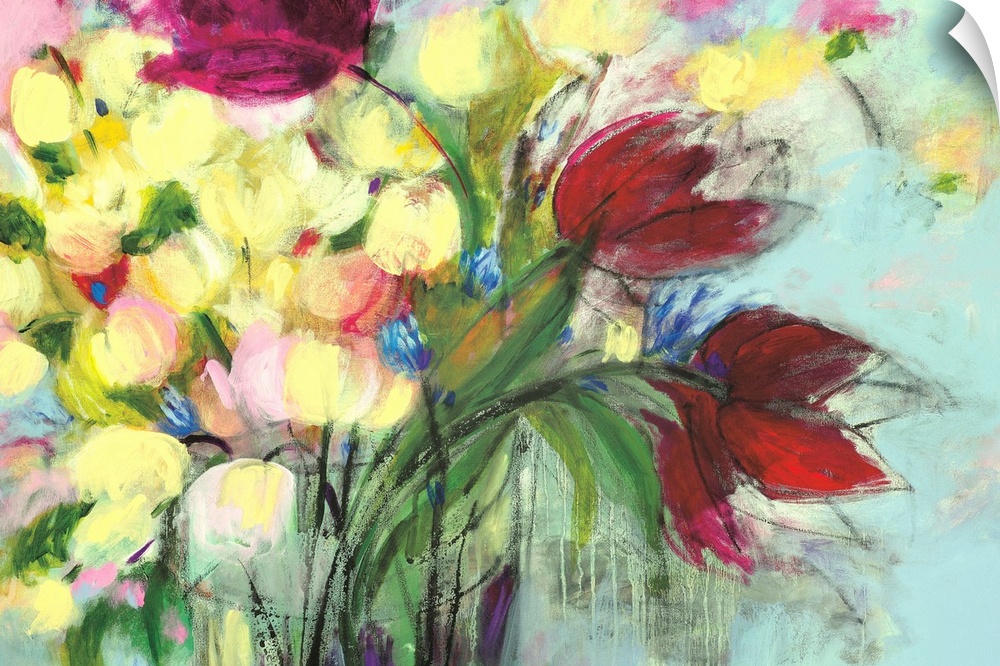 A delicate, soft painting of colorful flowers in a glass vase.