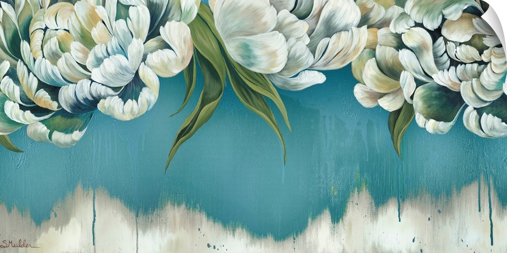 Contemporary painting of a group of white flowers against a blue and white backdrop.