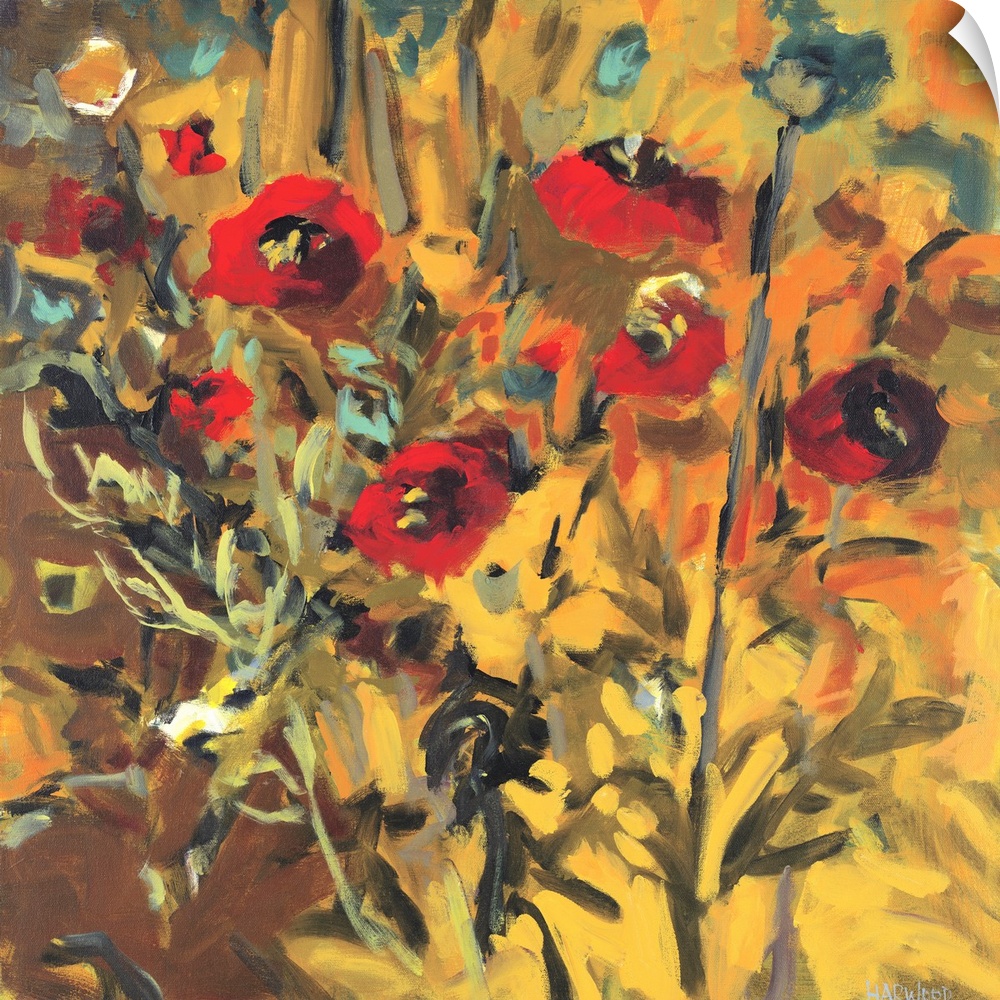 Square painting of flowers, some open and some closed, against a bright background.