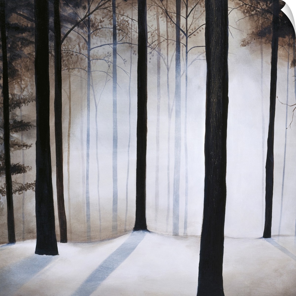 Square contemporary painting of bare trees and snow in a forest.
