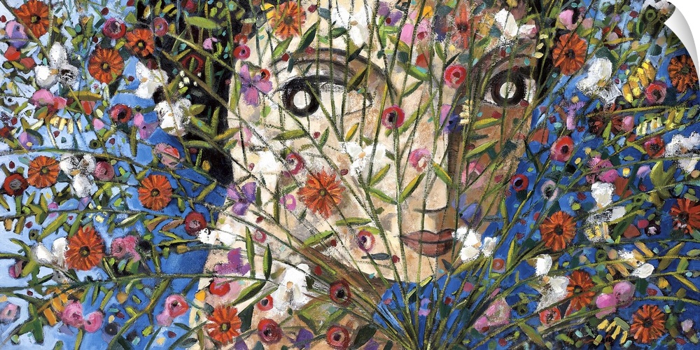 A horizontal portrait of a woman behind a large bouquet of wild flowers on a blue background, painted with cubism elements.
