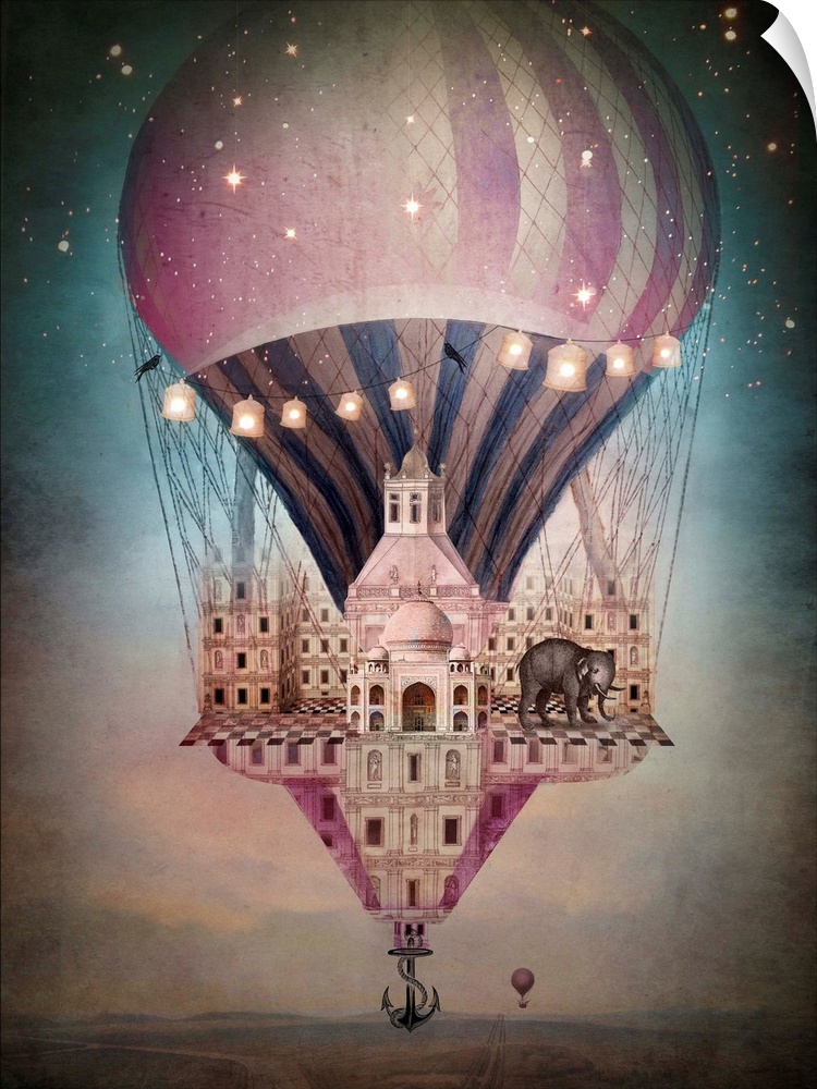 A digital composite of a hot air balloon with a building and elephant on it.