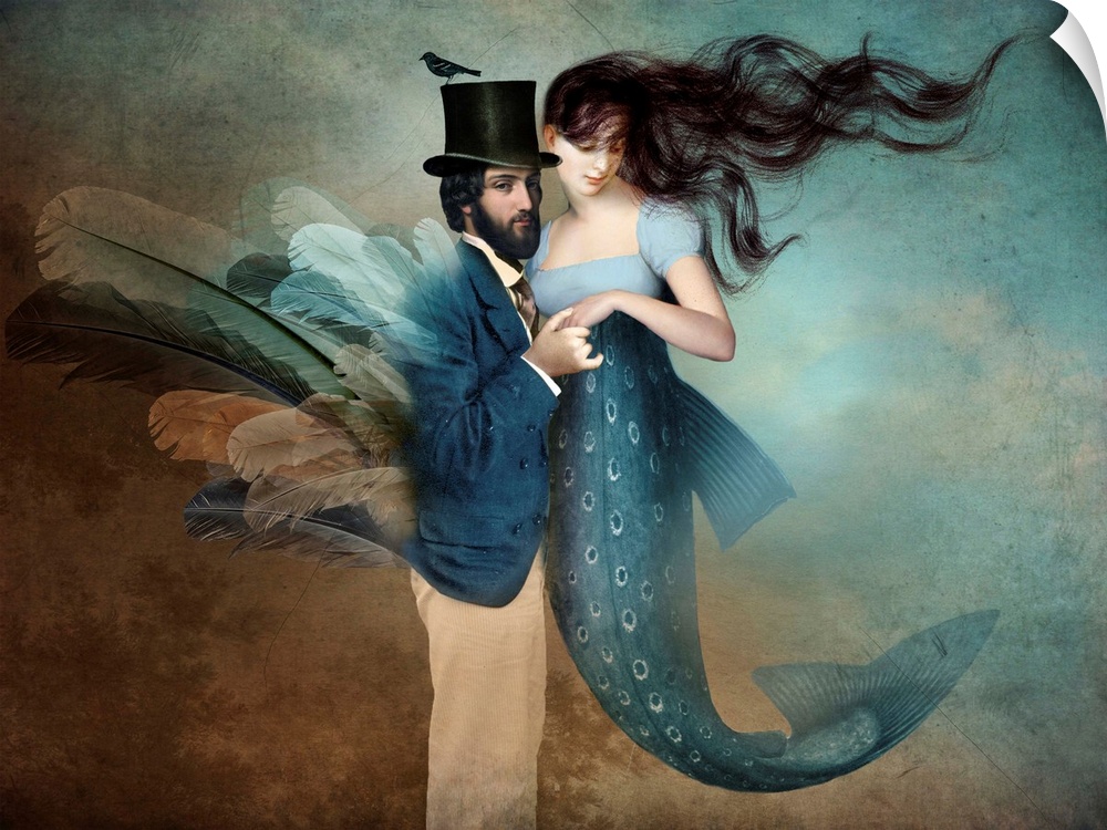 A digital composite of a man with feathers embracing a mermaid in blue.
