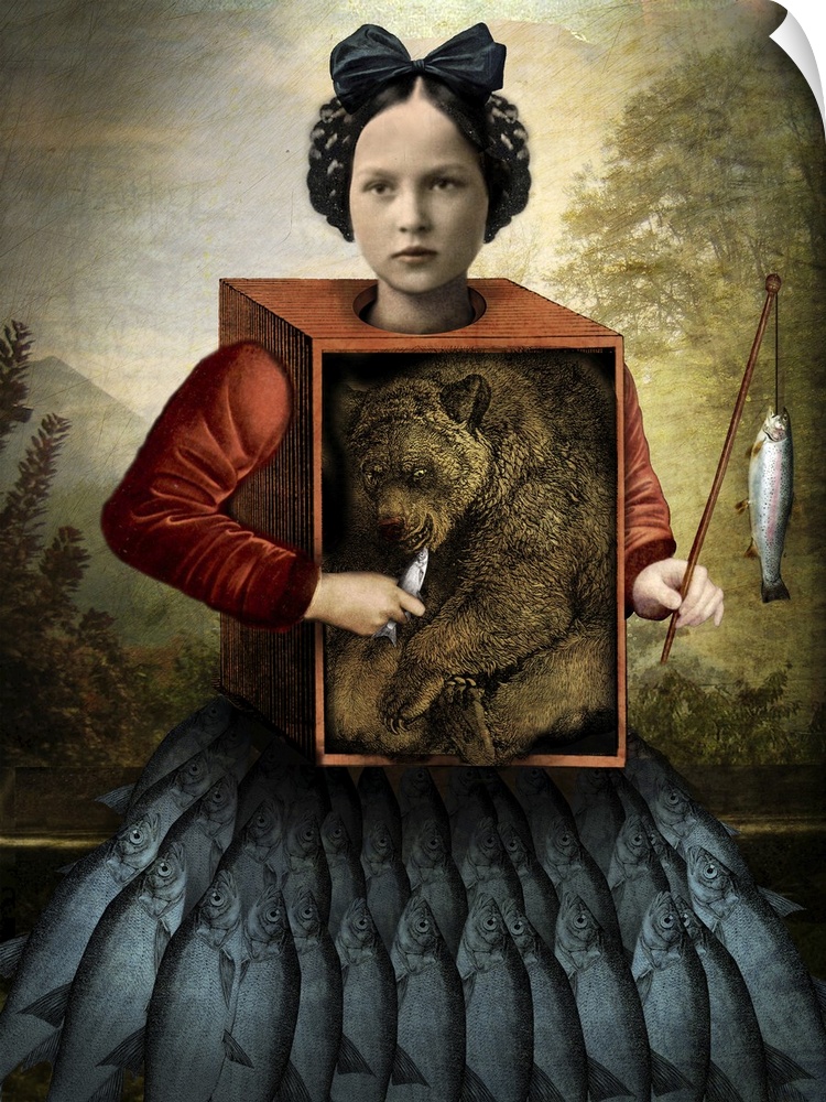 A young girl with a bear inside of the box that is her torso, is wearing of shirt made of fish.