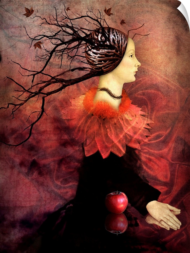 A digital mix media painting of a portrait of a female with tree branches extending from her head.