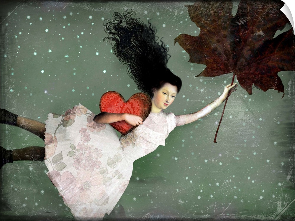 Painting of a woman in white holding a heart and large leaf as she is flying through the sky.