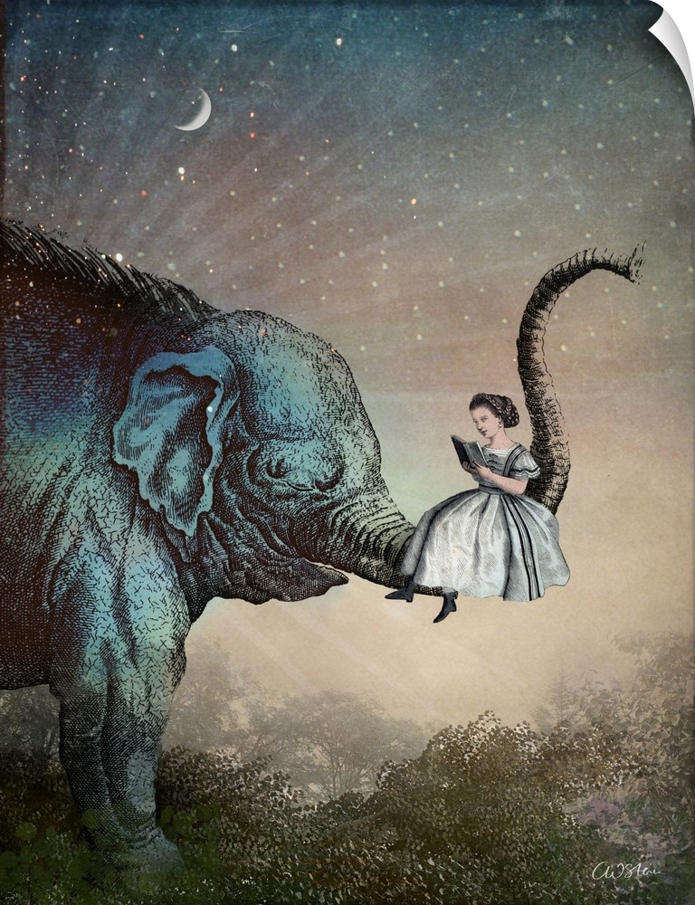 A girl being lifted by the trunk of an elephant as she reads from a book.