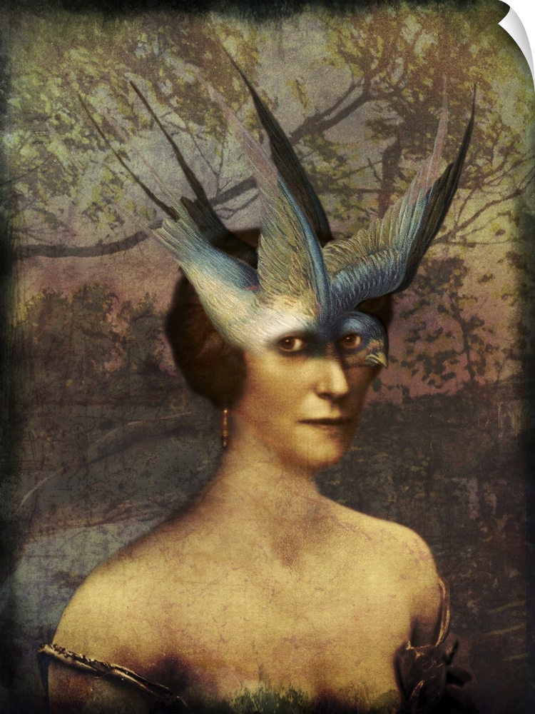 A portrait of a woman with a bird for a mask and a forest in the background.