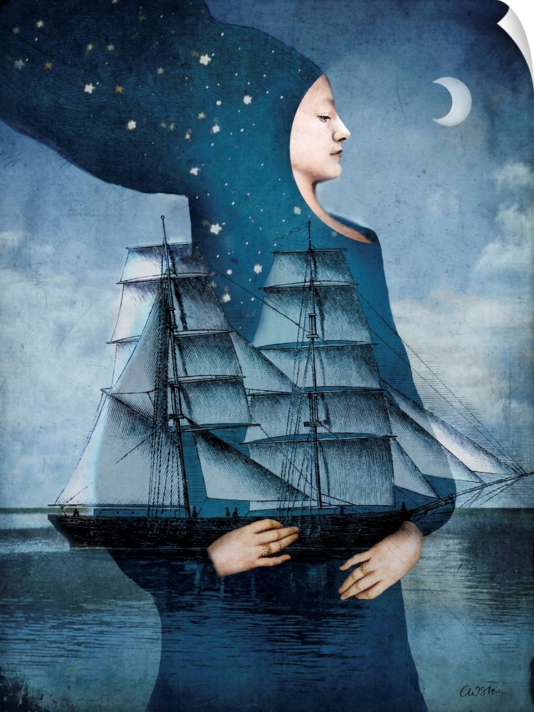 A woman cloaked in blue with stars is holding a large ship in the moonlight.