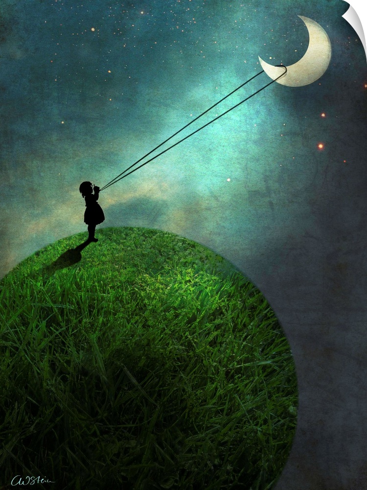 A vertical digital composite of a small child roping the moon.