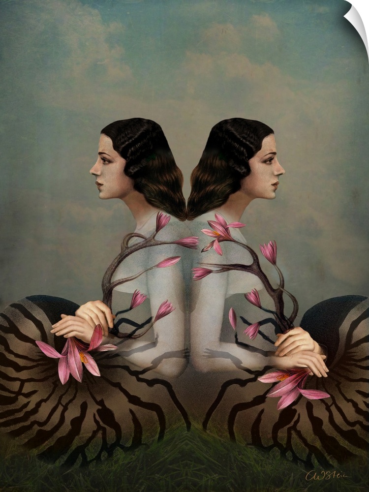 Two identical looking woman who appear to be emerging from cocoons while holding pink lilies.