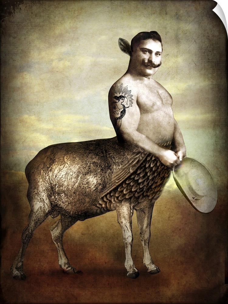A digital composite of a mythical creature made up of a human and animal.