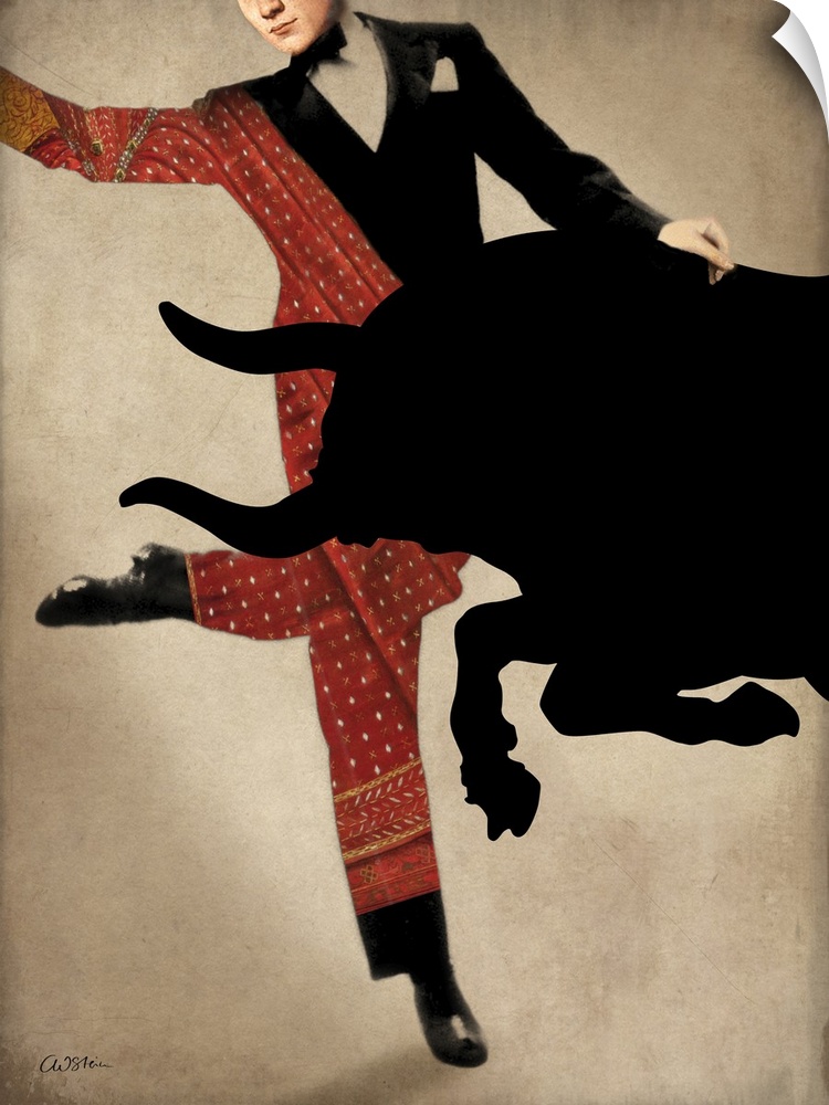 A modern take of bull fighting in which the matador is wearing a tuxedo and dancing shoes.