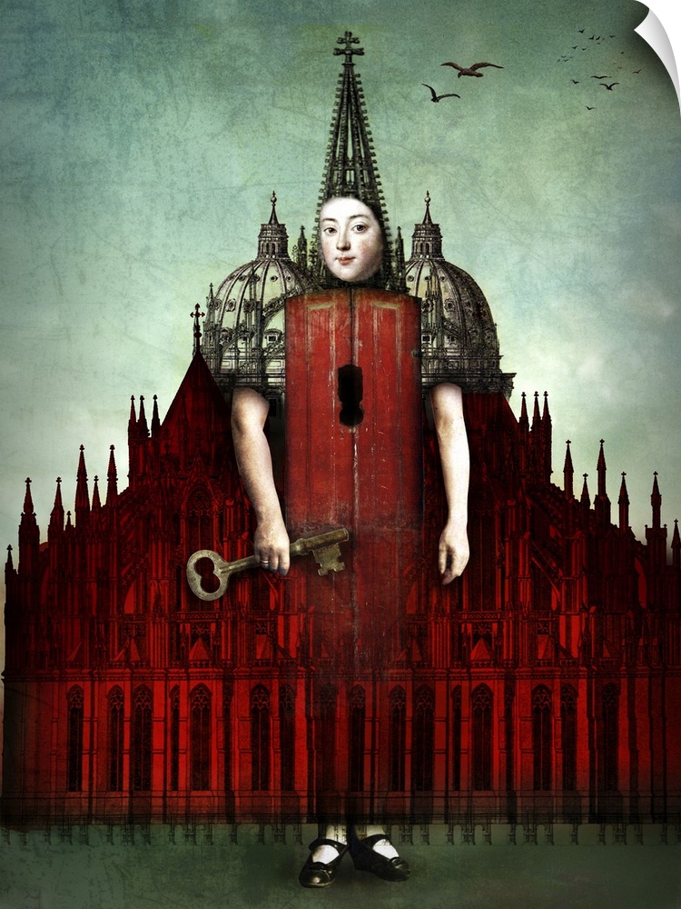 A person with a big key materializing from a large red castle.