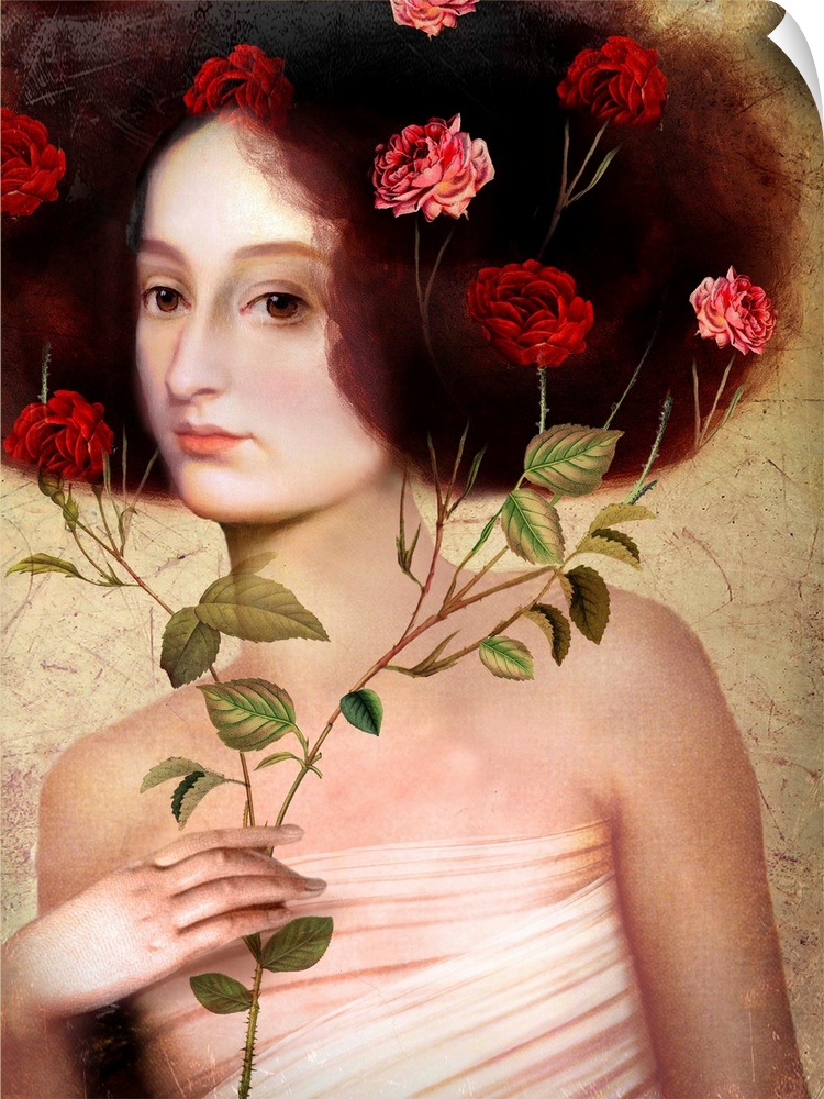 A portrait of a lovely young lady holding a branch of roses that are intertwining through her hair.
