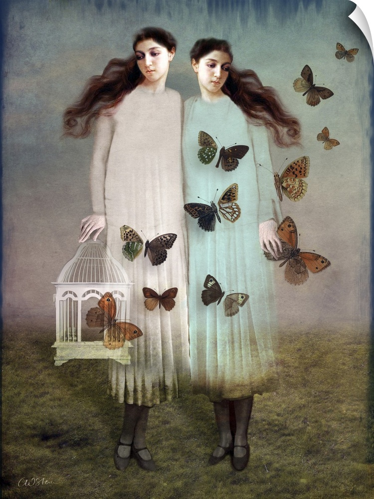 Two girls standing behind each other as a group of butterflies fly out of a bird cage.