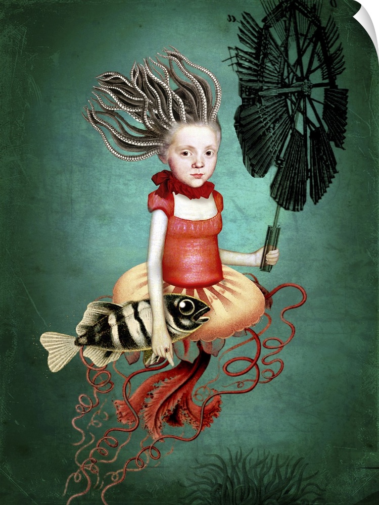 The Little Sea Witch.  A creature that appears to be half girl, half squid, is holding a fish and windmill.