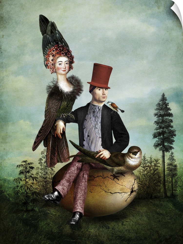 A man sitting on a large egg next to a bird has a creature that is half bird, half woman perched on his arm.