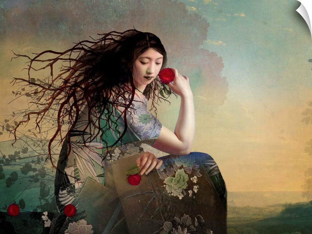 A lady with a floral dress is admiring the landscape.  She is holding a red rose and has tree limbs for hair.