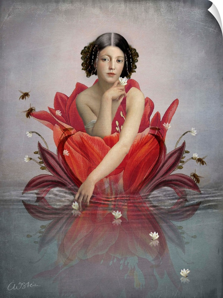 A young lady in a large red flower which is floating on water.